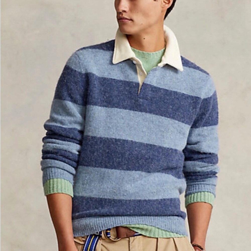 Polo Ralph Lauren Men's Striped Wool Rugby Sweater in Blue w/Cream Placket, XXL